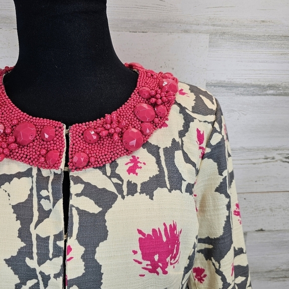 Nanette Lepore Floral Beaded Neck Peplum Blazer Sz 6 Barbie Pink Gray Coquette - Picture 10 of 16